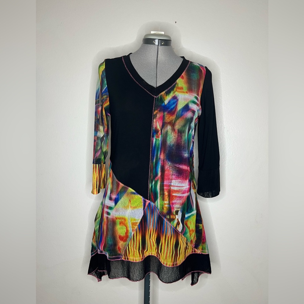 Lior Paris Micro Mesh Lagenlook Abstract Asymmetrical Art To Wear Tunic Rainbow